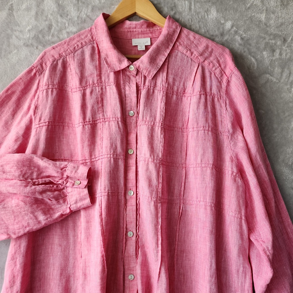 J. Jill Love Linen Shirt Womens Size 4X Pink Pintuck Pleated Button Long Sleeve